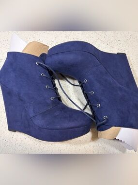 Navy Suede Lace-Up Wedge Booties - Women